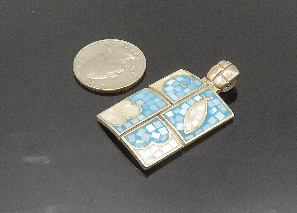 925 Sterling Silver  Vintage Mother Of Pearl Mosaic Pattern Pendant  PT16102