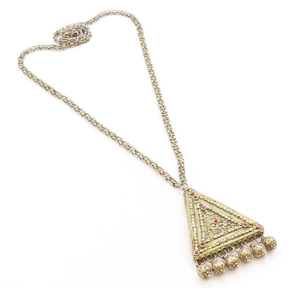 MIDDLE EASTERN 925 Silver  Vintage Red Topaz Floral Chain Necklace  NE1974