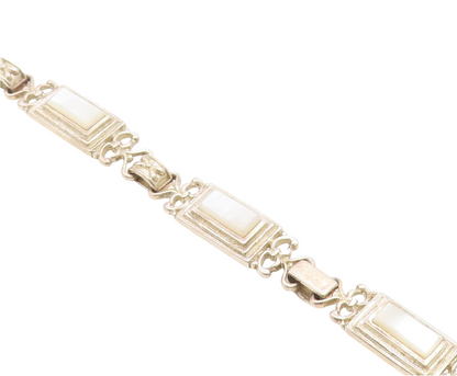 925 Sterling Silver Vintage Bracelet Mother Of Pearl Geometric Panel  BT11933