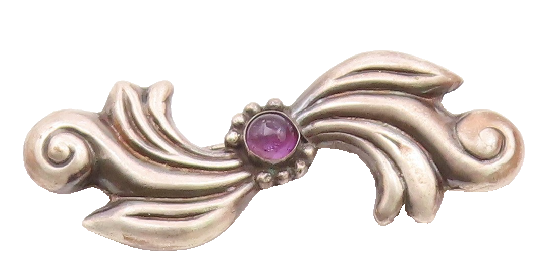 925 Sterling Silver  Vintage Cabochon Amethyst Swirl Bow Brooch Pin  BP8127