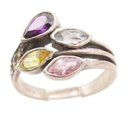 925 Sterling Silver Vintage Ring Multi Gemstone Statement Band  Sz 6  RG34520