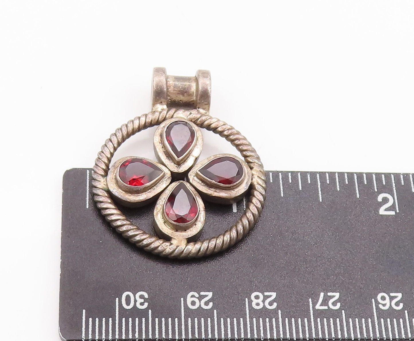 925 Sterling Silver Vintage Pendant Roped Border Drop Cut Garnet  PT22885