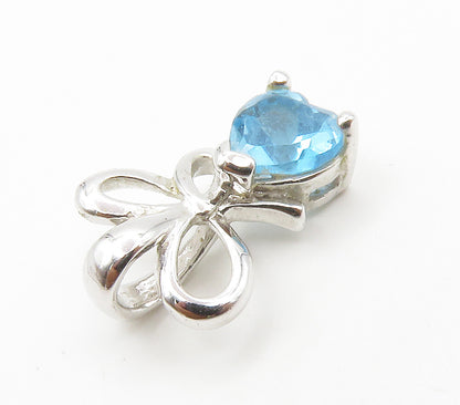 925 Sterling Silver  Blue Topaz Love Heart Shiny Ribbon Bow Pendant  PT11622
