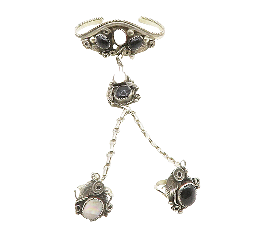 BLACK FOX NAVAJO 925 Silver  Vintage Black Onyx Floral Ring & Bracelet  TR1956