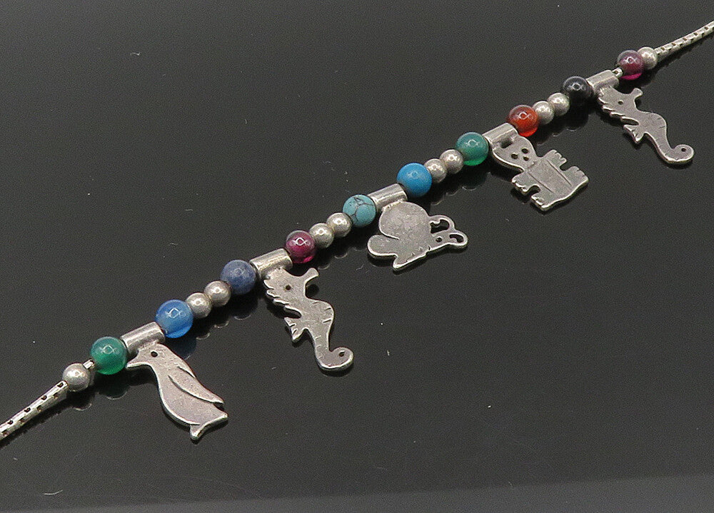 925 Sterling Silver Vintage Turquoise & Multi Stone Chain Necklace NE3668