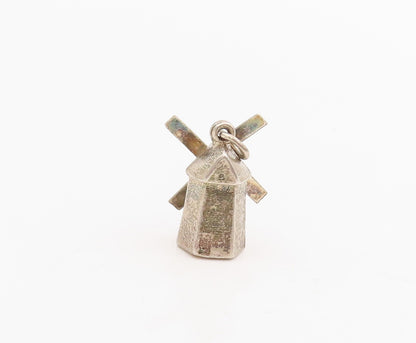 925 Sterling Silver Vintage Pendant 3D Etched Windmill Souvenir Charm  PT25577