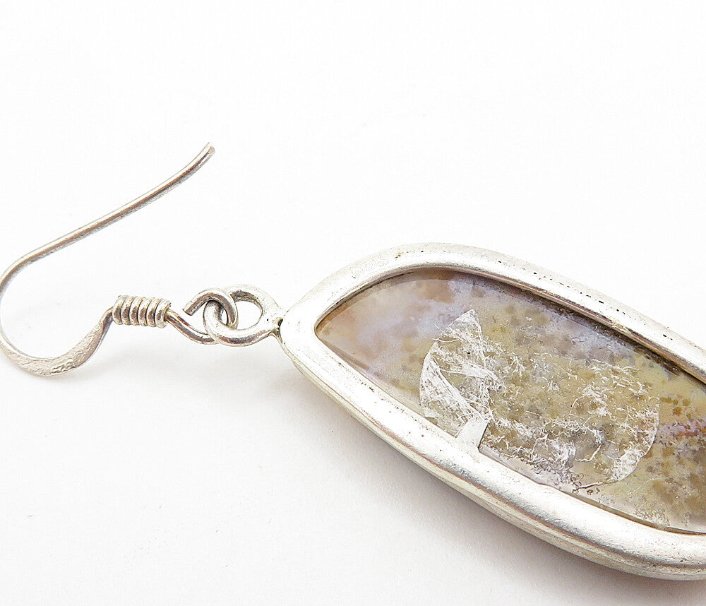 925 Sterling Silver  Vintage Brown Agate Shiny Bail Dangle Earrings  EG3187