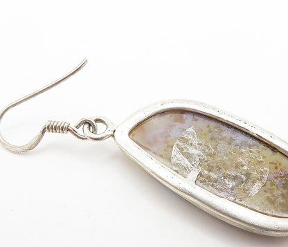 925 Sterling Silver  Vintage Brown Agate Shiny Bail Dangle Earrings  EG3187