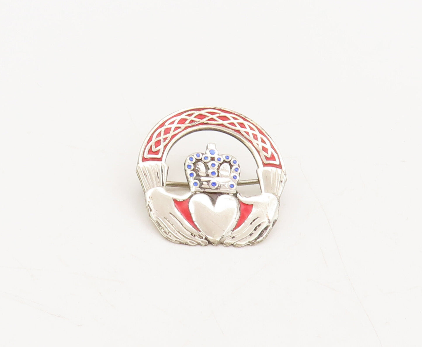 925 Sterling Silver  Vintage Red & Blue Enameled Claddagh Brooch Pin  BP10436