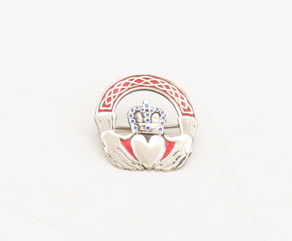 925 Sterling Silver  Vintage Red & Blue Enameled Claddagh Brooch Pin  BP10436