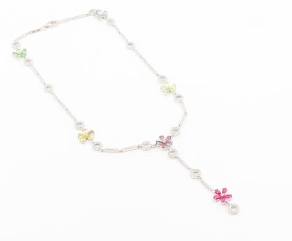925 Sterling Silver Vintage Necklace Multi Gemstone Elegant Floral Lariat NE4915