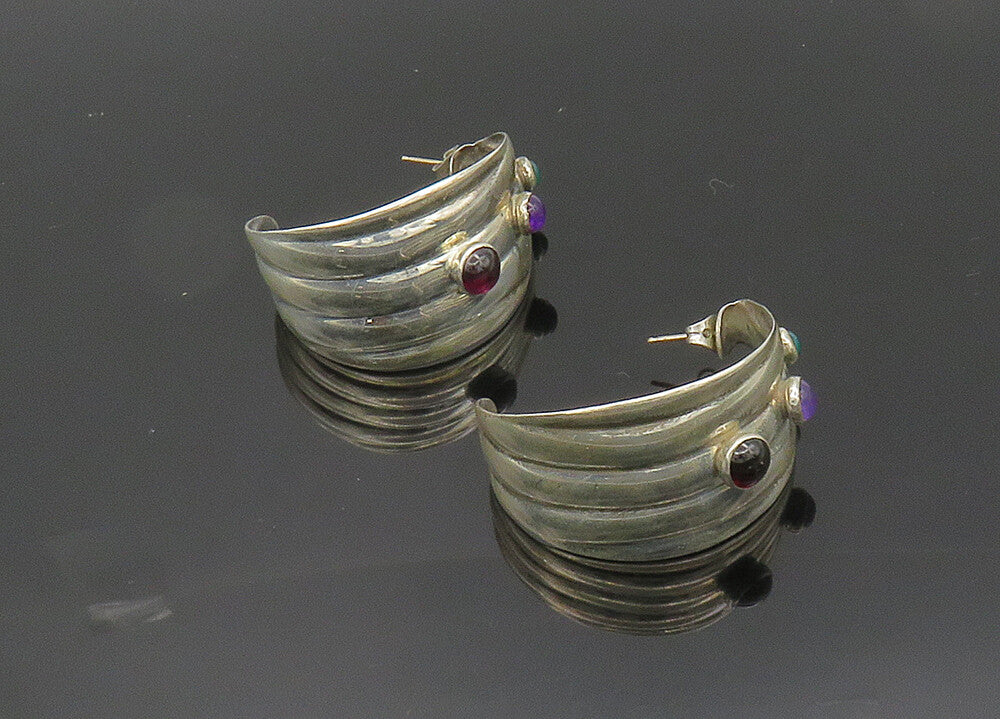 MEXICO 925 Silver  Vintage Garnet Amethyst & Carnelian Hoop Earrings  EG10020