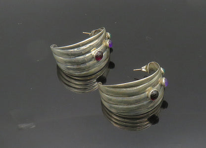 MEXICO 925 Silver  Vintage Garnet Amethyst & Carnelian Hoop Earrings  EG10020