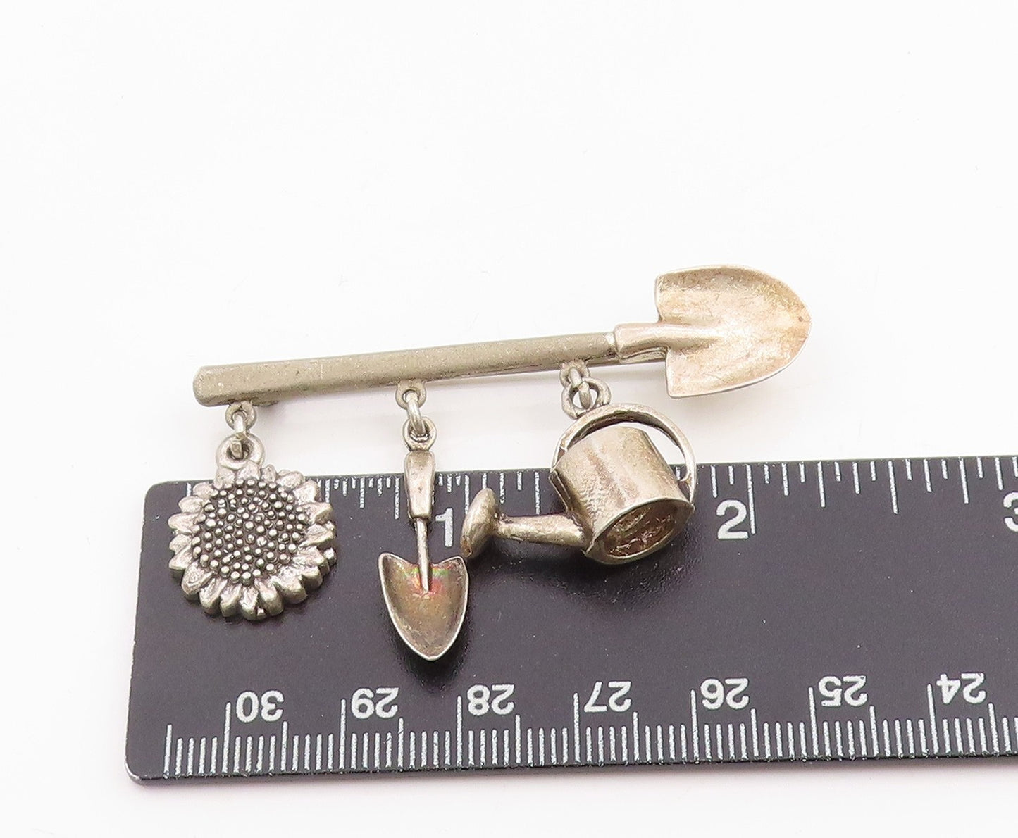 925 Sterling Silver Vintage Brooch Themed Watering Can Shovel Sunflower  BP11983