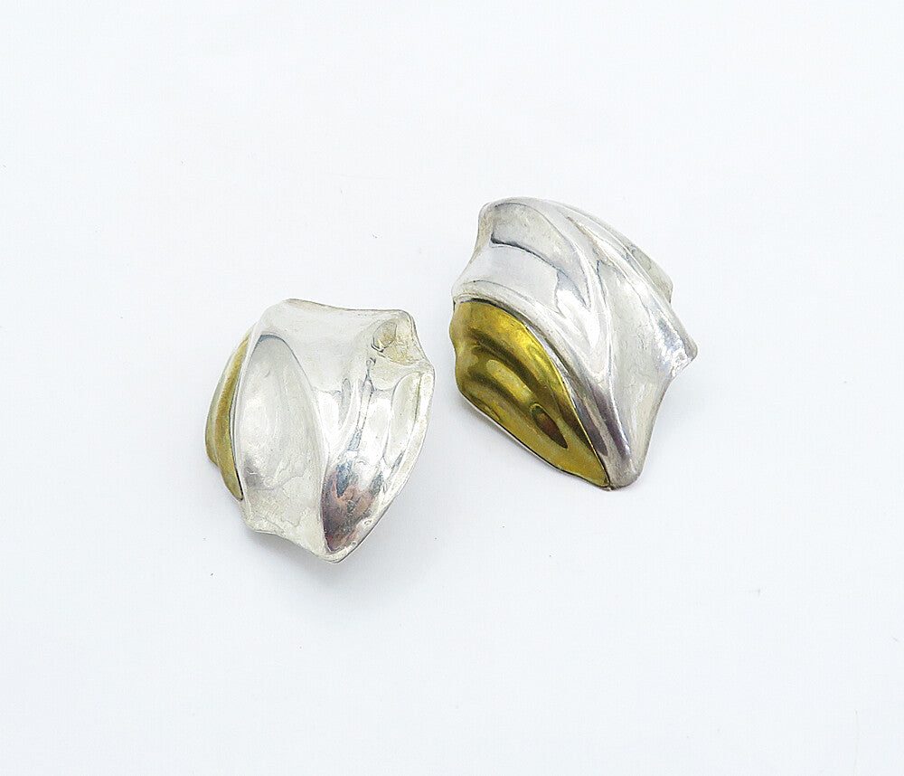 MEXICO 925 Sterling Silver  Vintage 2 Tone Hollow Non Pierce Earrings  EG2808