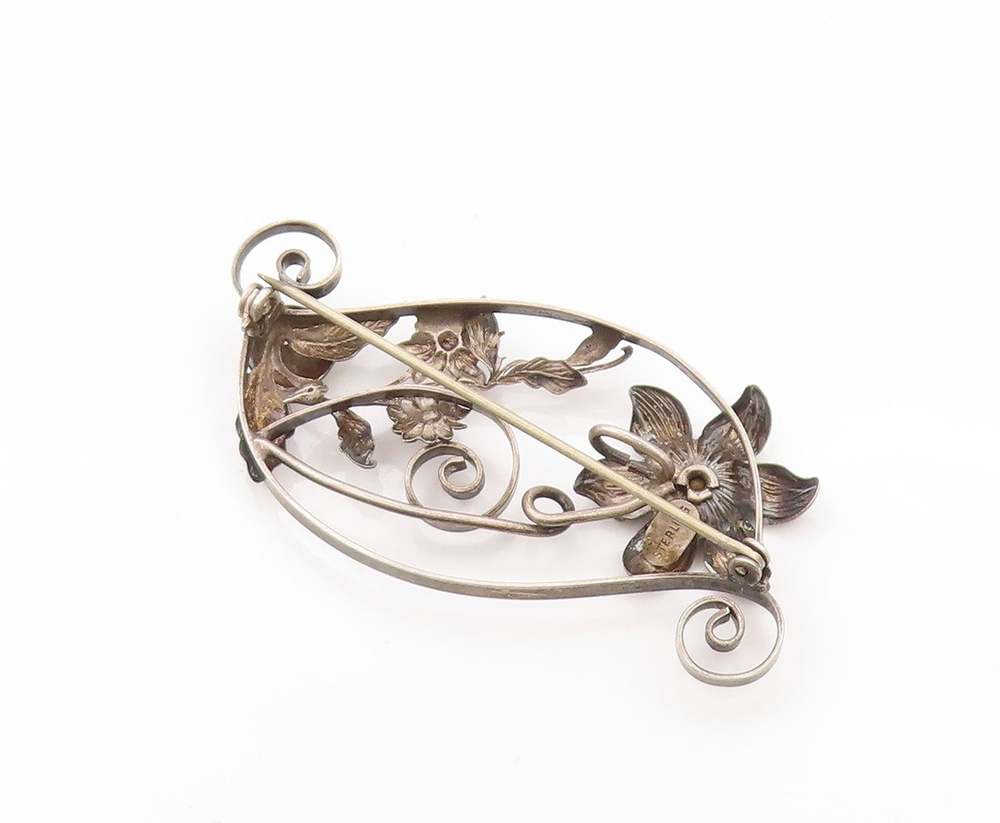 925 Sterling Silver Vintage Brooch Blue CZ Swirls & Flowers Cutout  BP11628