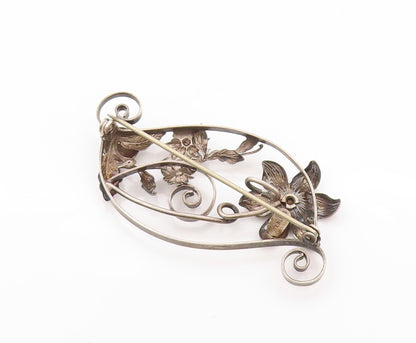925 Sterling Silver Vintage Brooch Blue CZ Swirls & Flowers Cutout  BP11628