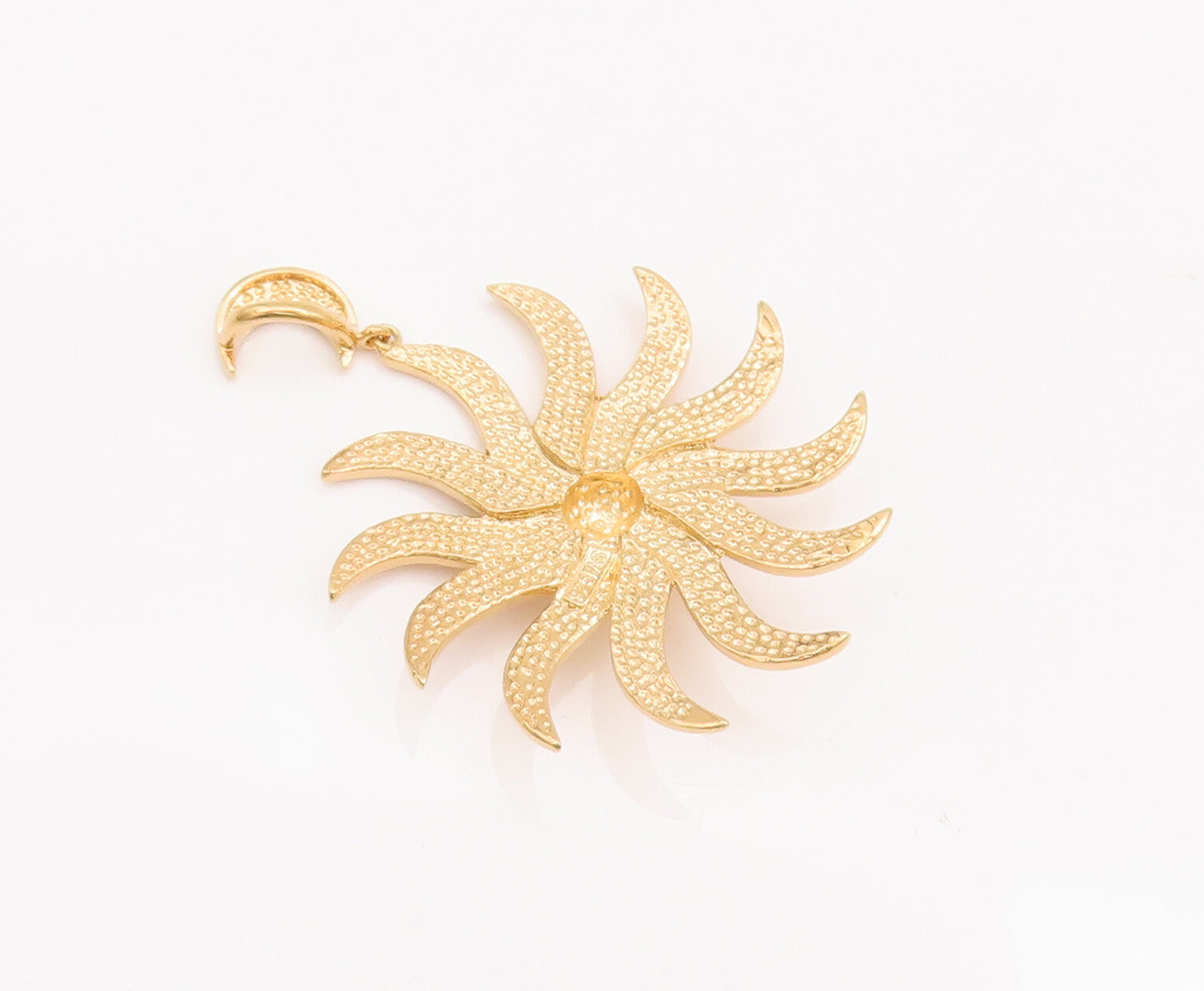 925 Sterling Silver Vintage Pendant Gold Plated 3D Carved Dangling Sun  PT22930