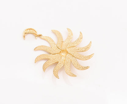 925 Sterling Silver Vintage Pendant Gold Plated 3D Carved Dangling Sun  PT22930