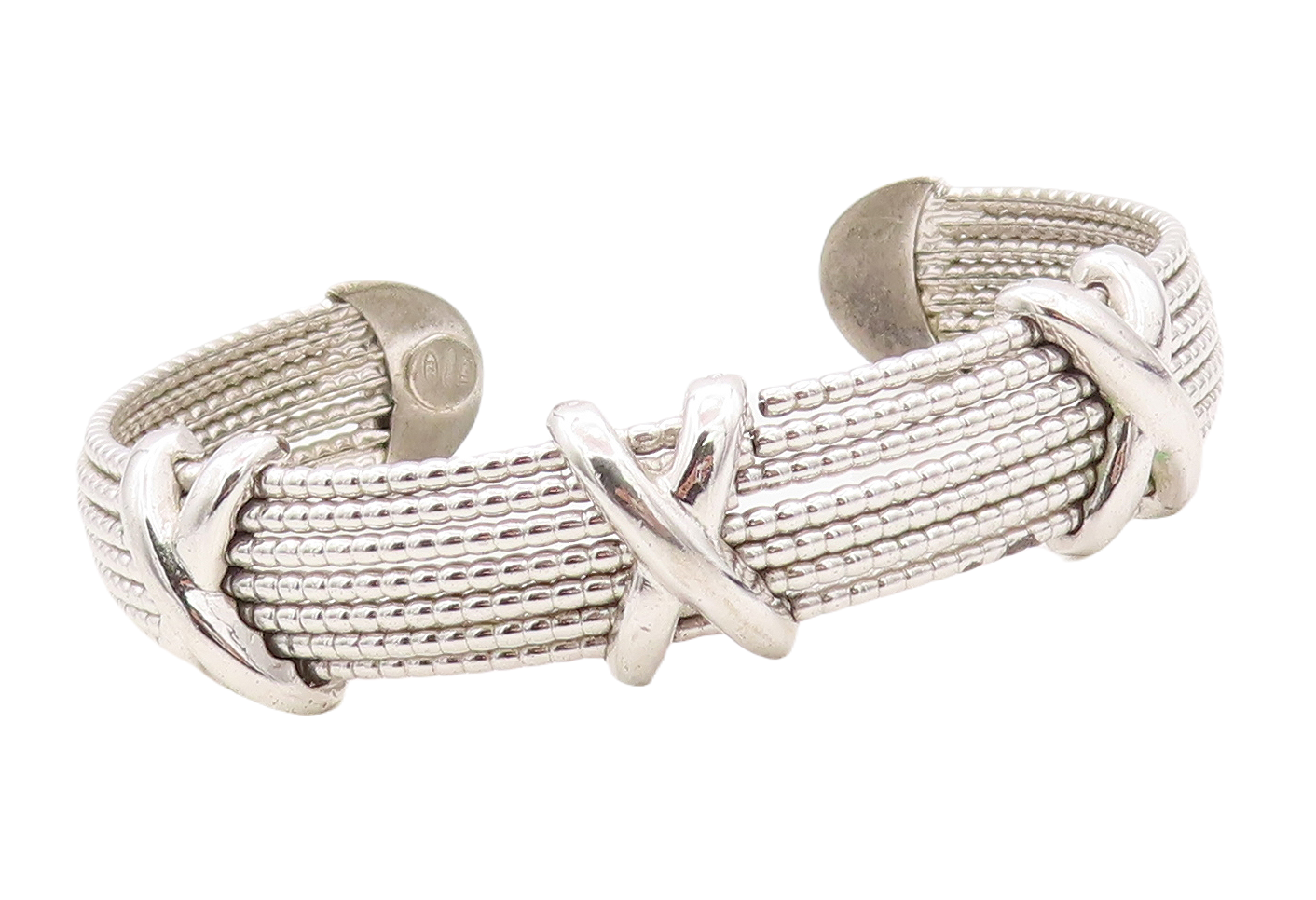 925 Sterling Silver Vintage Bracelet Beaded Bands carved X Cuff  BT10789
