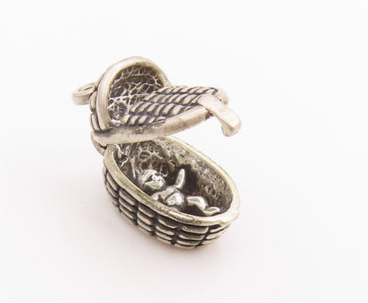925 Sterling Silver Vintage Pendant Antique Dark Tone Baby Cradle Charm  PT24520