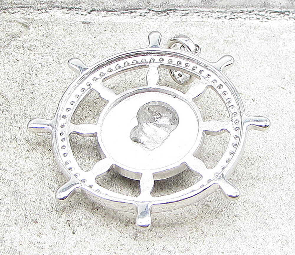 925 Sterling Silver  Cubic Zirconia Pirate Skull Wheel Drop Pendant  PT1411