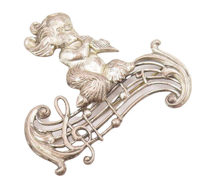 925 Sterling Silver Vintage Brooch Pin LANG Child Playing Musical Notes  BP10848