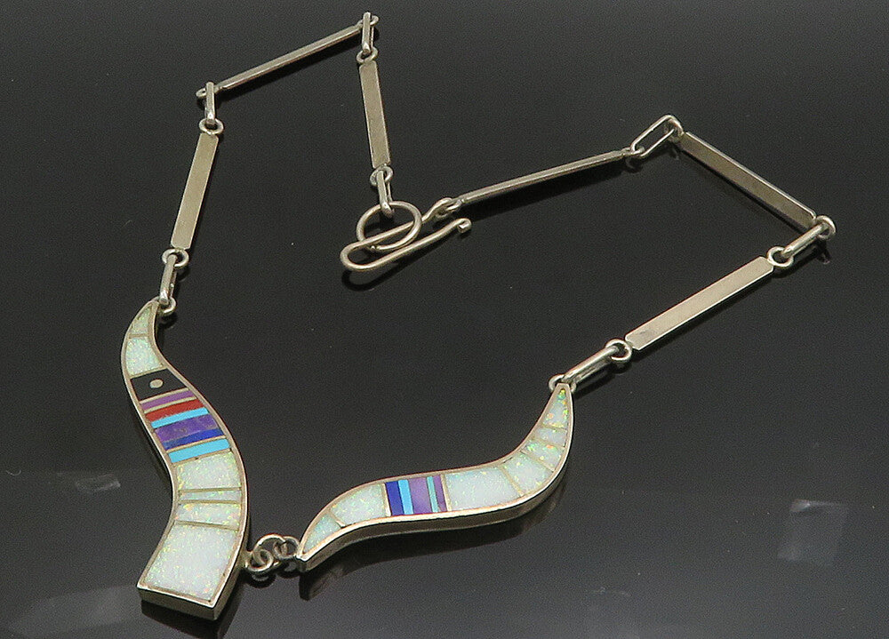 HAROLD SMITH NAVAJO 925 Silver  Vintage Multi Stone Chain Necklace  NE3328