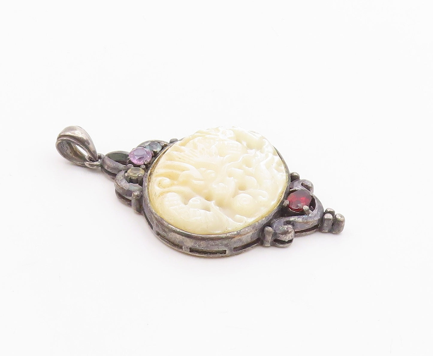 925 Sterling Silver  Vintage Mother Of Pearl & Topaz Dragon Pendant  PT7278
