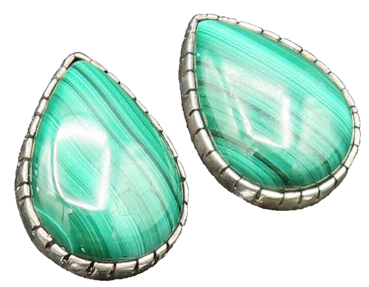 NAVAJO 925 Silver  Vintage Etched Pear Shaped Malachite Earrings  EG11949