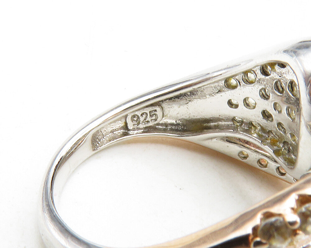 925 Sterling Silver  White Topaz Two Tone Split Swirl Band Ring Sz 6  RG12571