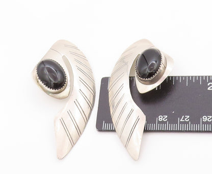 925 Sterling Silver Vintage Earrings NAVAJO Oval Cabochon Onyx Feathered EG13679
