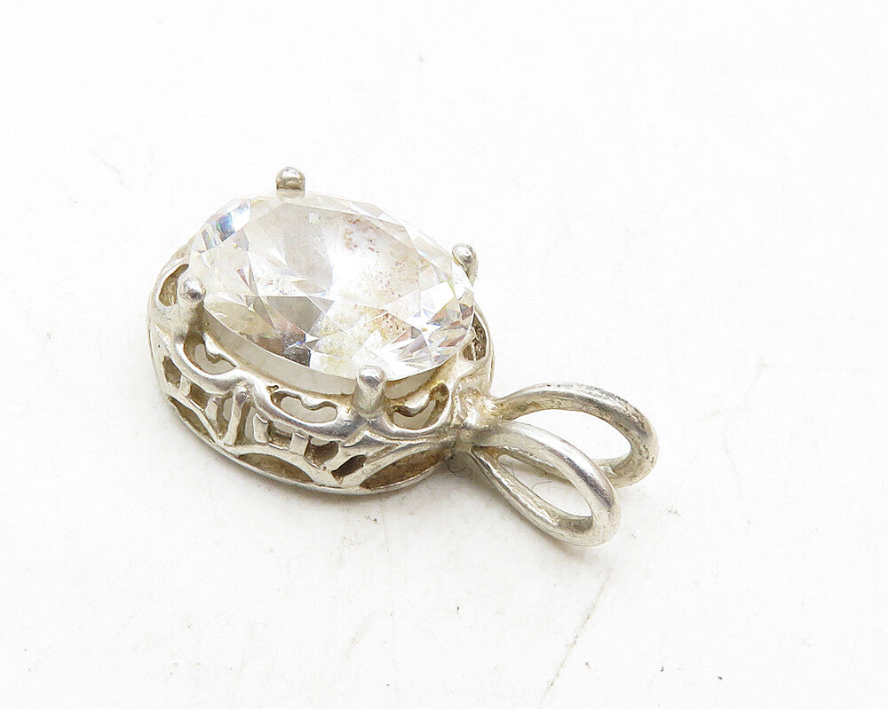 925 Sterling Silver  Vintage Faceted Cubic Zirconia Oval Drop Pendant  PT7504