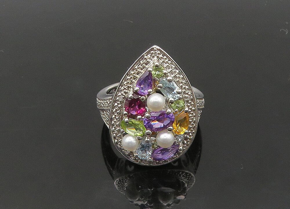 925 Silver Vintage Pearls & Peridot Multi Stone Cocktail Ring Sz 8 RG20942