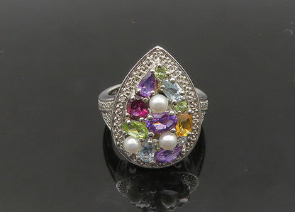 925 Silver Vintage Pearls & Peridot Multi Stone Cocktail Ring Sz 8 RG20942