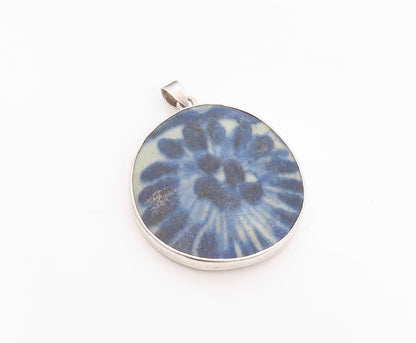 925 Sterling Silver Vintage Pendant Large Round Blue Chinese Ceramic  PT24566