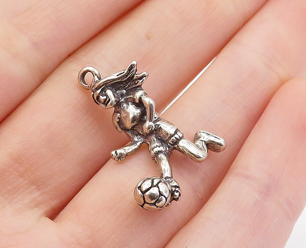 925 Sterling Silver  Vintage Sculpted Girl Playing Soccer Pendant  PT4800
