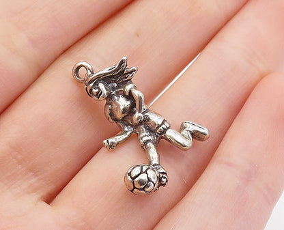 925 Sterling Silver  Vintage Sculpted Girl Playing Soccer Pendant  PT4800