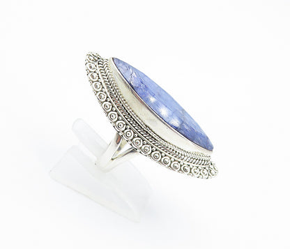 925 Sterling Silver  Sapphire Pointed Oval Shiny Cocktail Ring Sz 7  RG8156