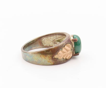 12k Gold 925 Sterling Silver Vintage Ring Oval Malachite Flowers  Sz 9  RG31915