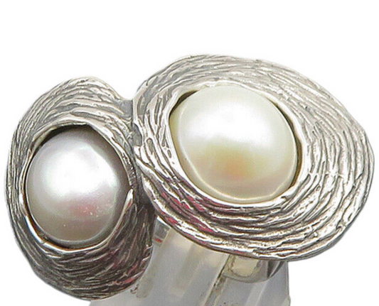 HAGIT GORALI 925 Silver  Vintage Double Fresh Water Pearl Ring Sz 8  RG25317