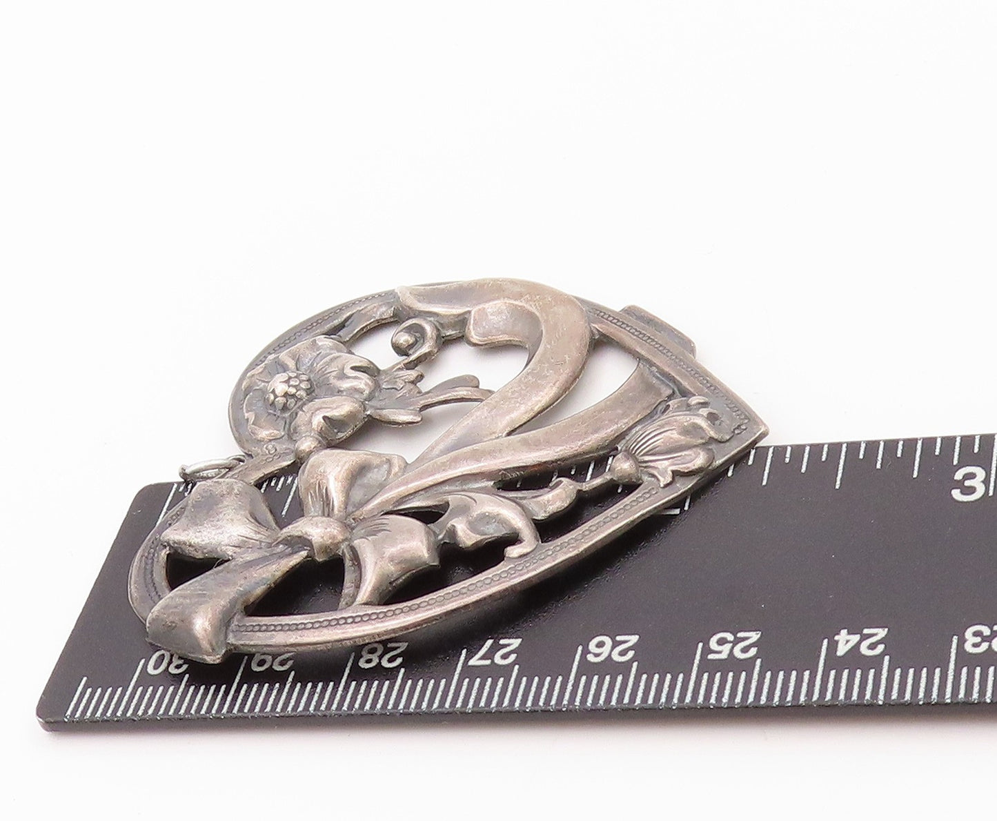 925 Sterling Silver Vintage Pendant Dark Tone Floral Love Heart Cutout  PT24025