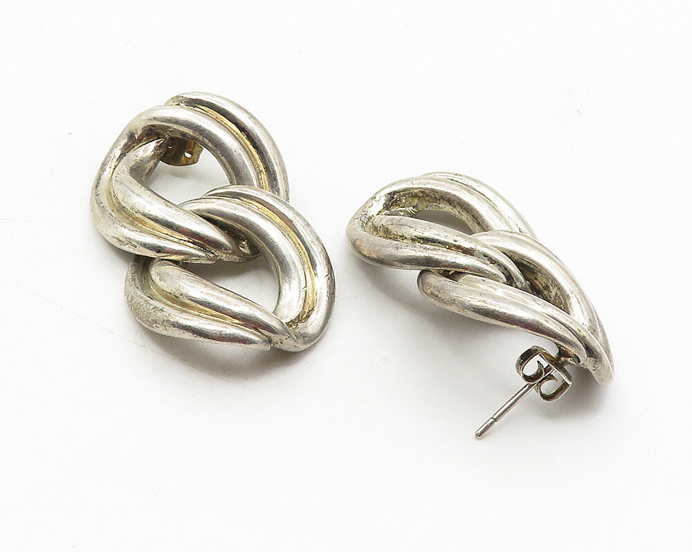 925 Sterling Silver  Vintage Shiny Open Round Linked Drop Earrings  EG5916