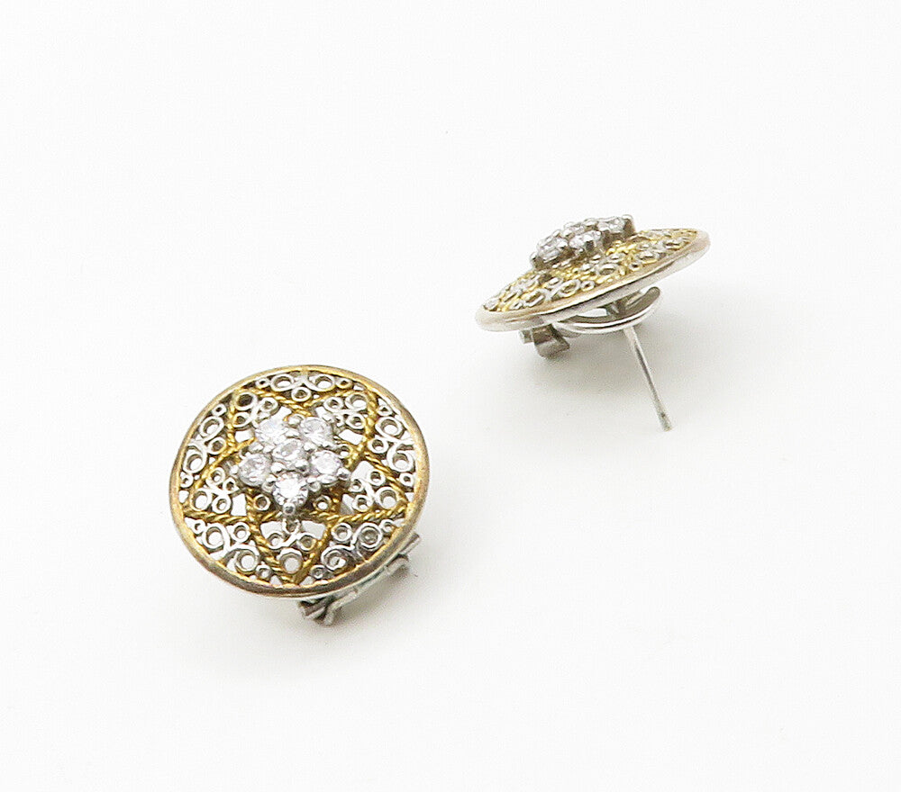 925 Silver  Vintage Cubic Zirconia Floral Star Two Tone Drop Earrings  EG8556