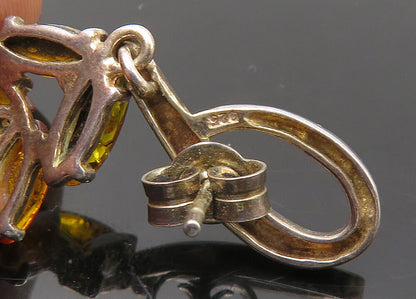 925 Sterling Silver  Vintage Amber Floral Motif Dangle Earrings  EG10718