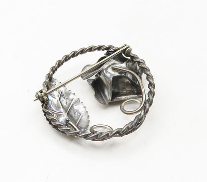 925 Sterling Silver  Vintage Dark Tone Flower Twist Border Brooch Pin  BP6544