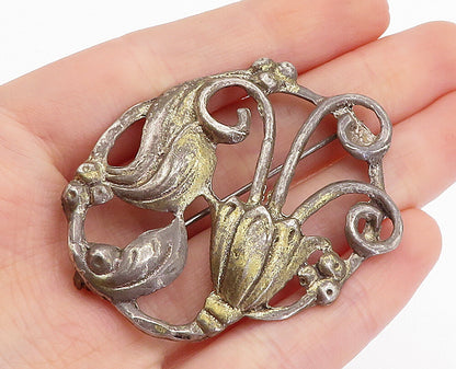 925 Sterling Silver  Vintage Antique Dark Tone Floral Swirl Brooch Pin  BP1628
