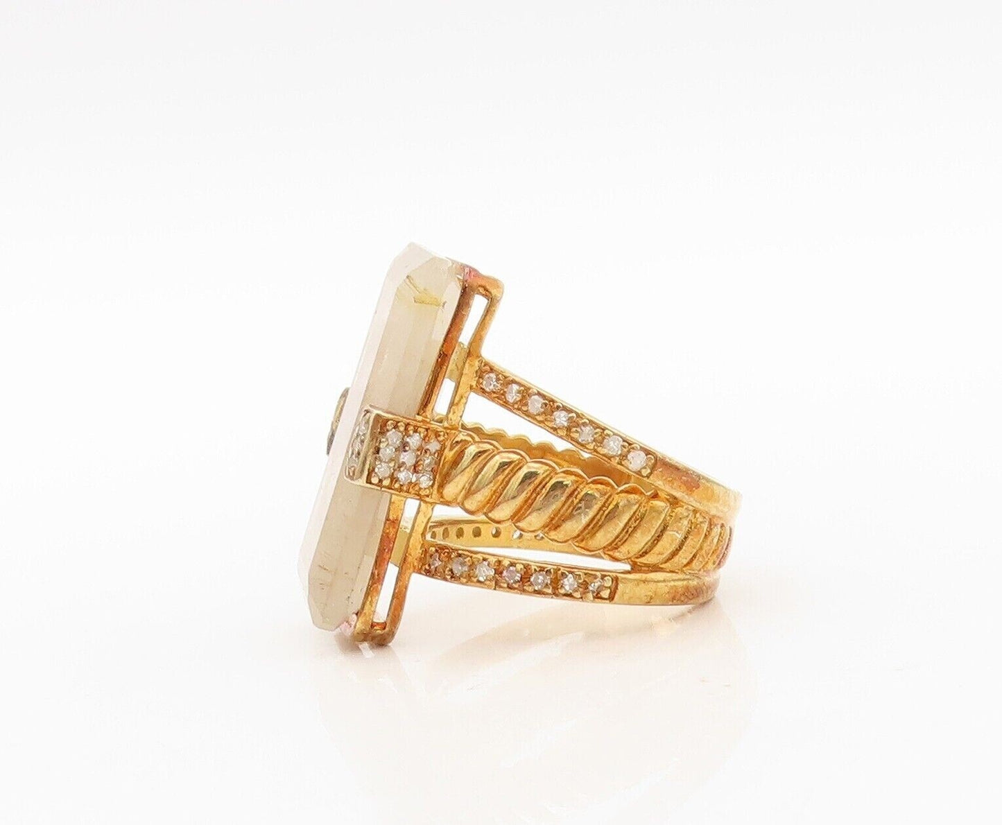 925 Sterling Silver Vintage Ring Gold Plated Diamonds & Gemstone  Sz 7.5 RG30428