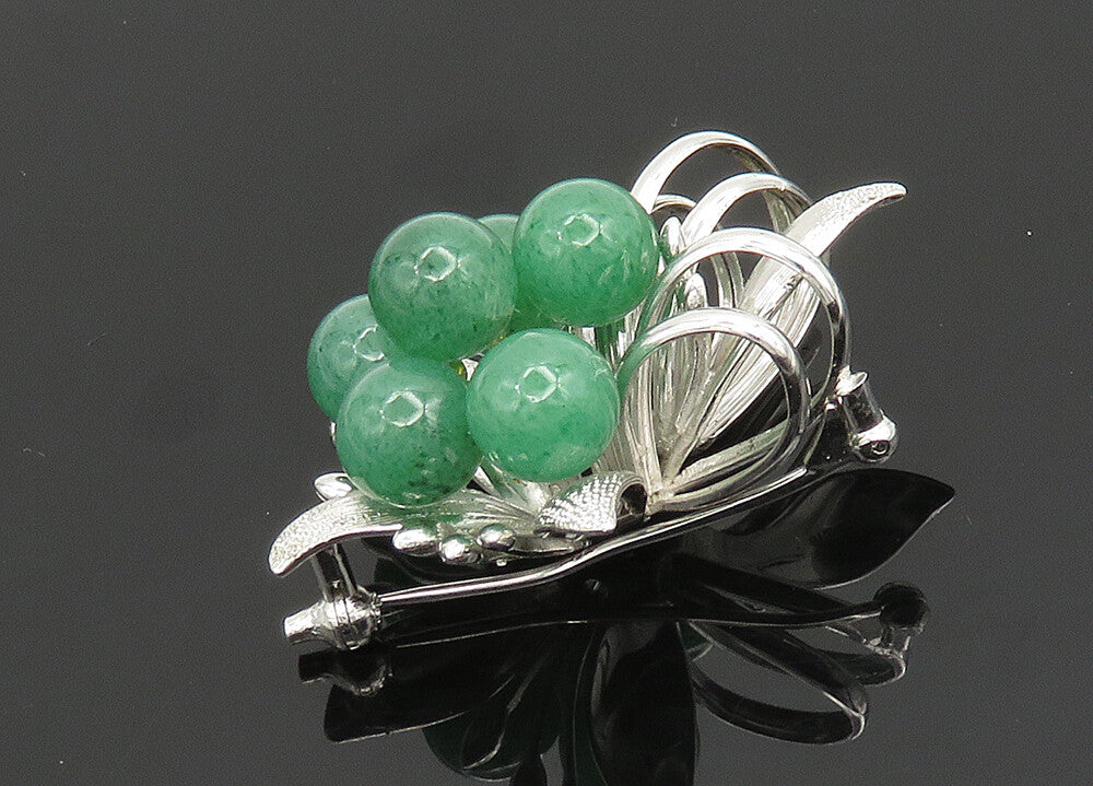 925 Sterling Silver  Vintage Jade Beads Shiny Floral Brooch Pin  BP7840