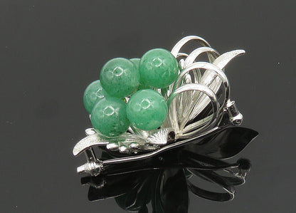 925 Sterling Silver  Vintage Jade Beads Shiny Floral Brooch Pin  BP7840